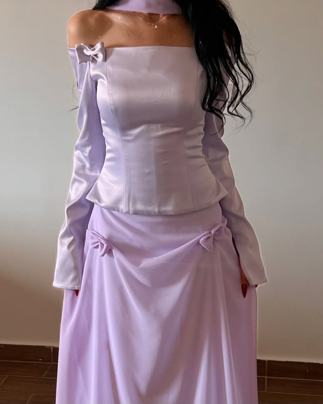 Two Piece Pink Bow A Line Long Sleeve Chiffon Satin Prom Dress 16th Birthday Dress DP3955