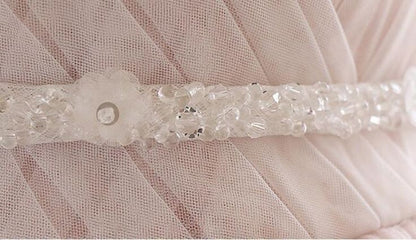 Light Pink A Line Beaded Appliques Tulle Prom Dress Evening Dress DP973