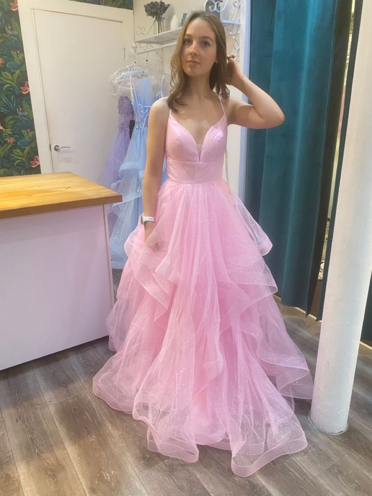 Pink A Line Spaghetti Strap Ruffle Organza Backless Long Prom Dress Evening Dress Formal Dress DP3272