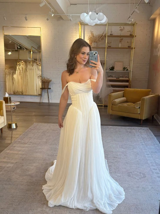 Vintage A Line Spaghetti Strap Corset Flowy White Chiffon Long Prom Dress Wedding Dress DP6867