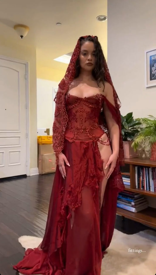 Burgundy Exquisite A Line Spaghetti Strap Appliques Chiffon Prom Dress Evening Dress with Slit DP3161