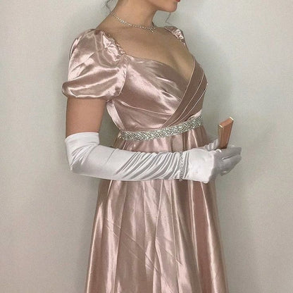 Classical Pink A Line Puff Beaded Satin Long Party Dress Evening Dress DP2894