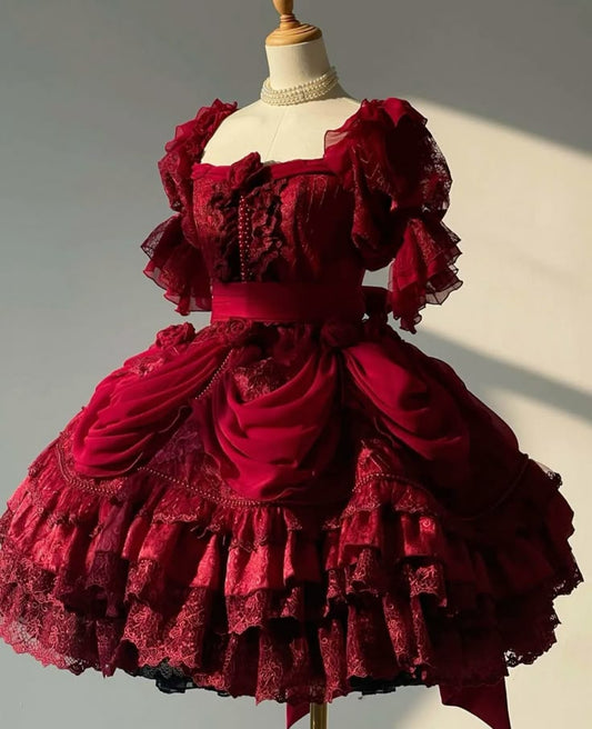 Burgundy A Line Puff Lolita Goth Boning Dress Lace Short Homecoming Dress DP4070