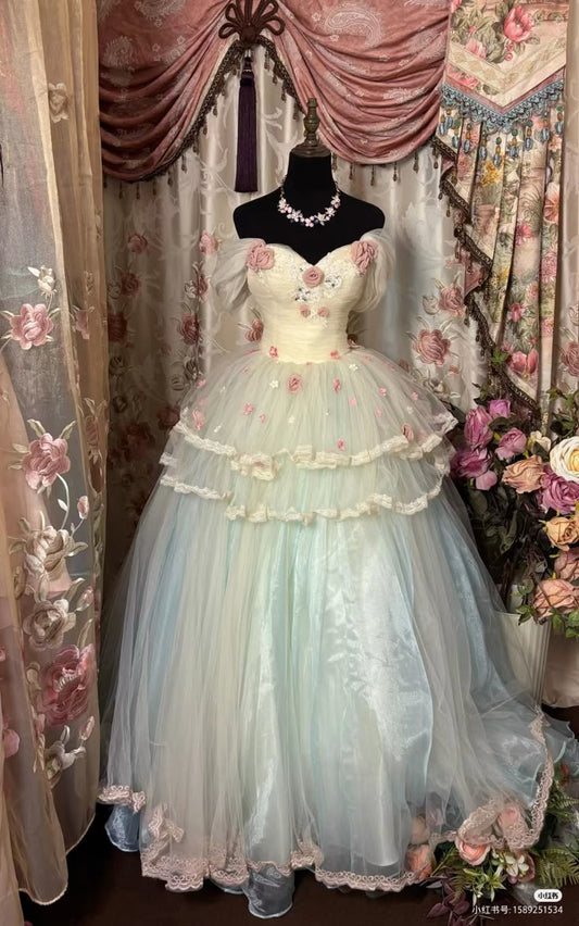 Vintage Elegant Ball Gown Off the Shoulder Tulle Prom Dress 22th Birthday Dress DP4063