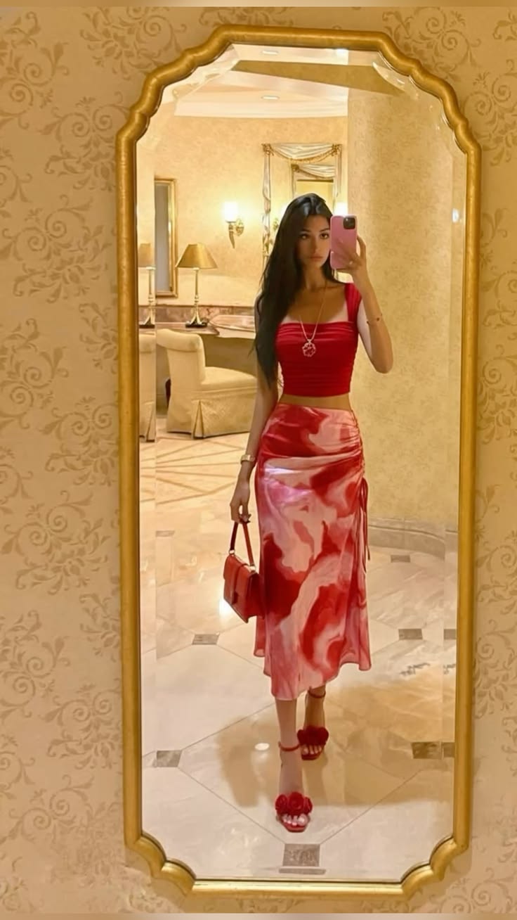 Red Two Piece A Line Straps Printed Satin Prom Dress Date Dress DP7022