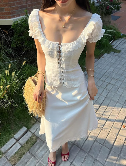 Cute Two Piece A Line Puff Sleeve White Lace Satin Long Prom Dress Date Dress DP7017