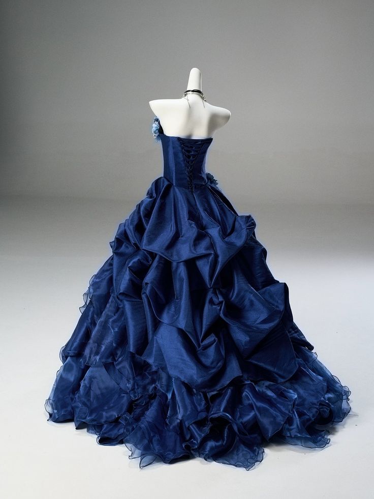 Dark Blue Ball Gown Strapless Beaded Pleated Satin Organza Prom Dress Quinceanera Dress DP5065