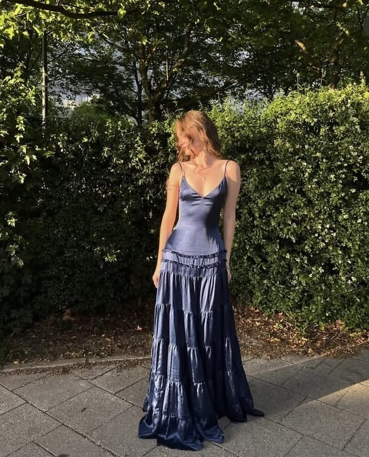 Navy Blue A Line Spaghetti Strap Satin Backless Long Prom Dress DP7770