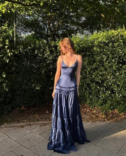 Navy Blue A Line Spaghetti Strap Satin Backless Long Prom Dress DP7770