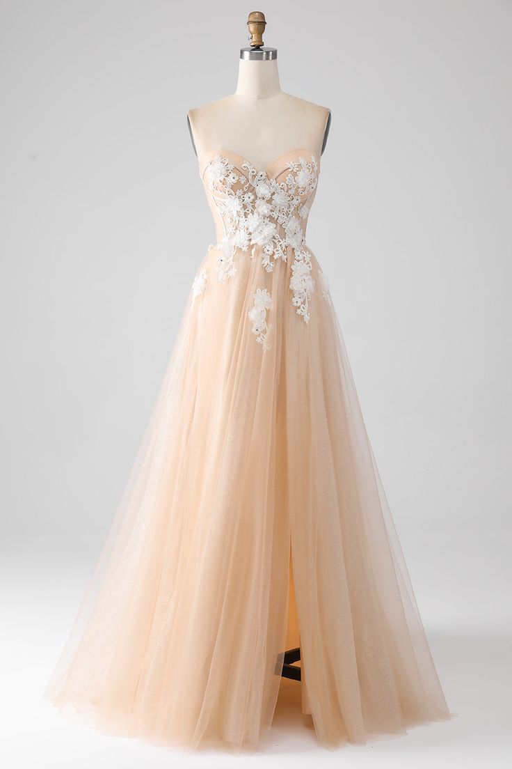 A Line Champagne Strapless Corset Tulle Prom Dress with Appliques DP1396