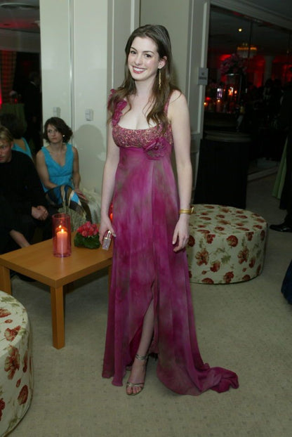 Pink Print Floral Exquisite A Line Straps Chiffon Long Party Dress Evening Dress with Slit DP3011