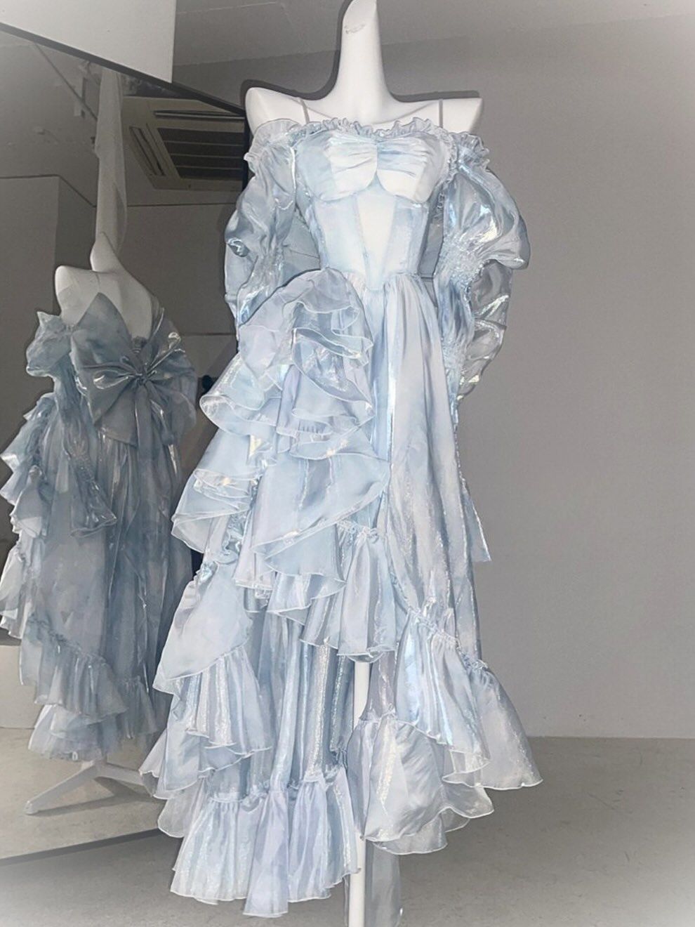 Blue White Ombre A Line Long Sleeve Flowy Ruffle Chiffon Long Prom Dress Outfits DP4269