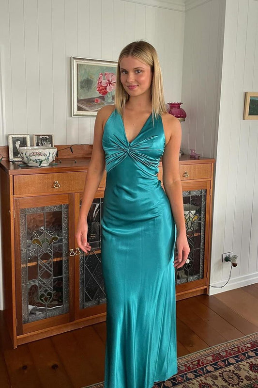 Turquoise Twist Sheath V Neck Satin Long Party Dress Evening Dress DP1151