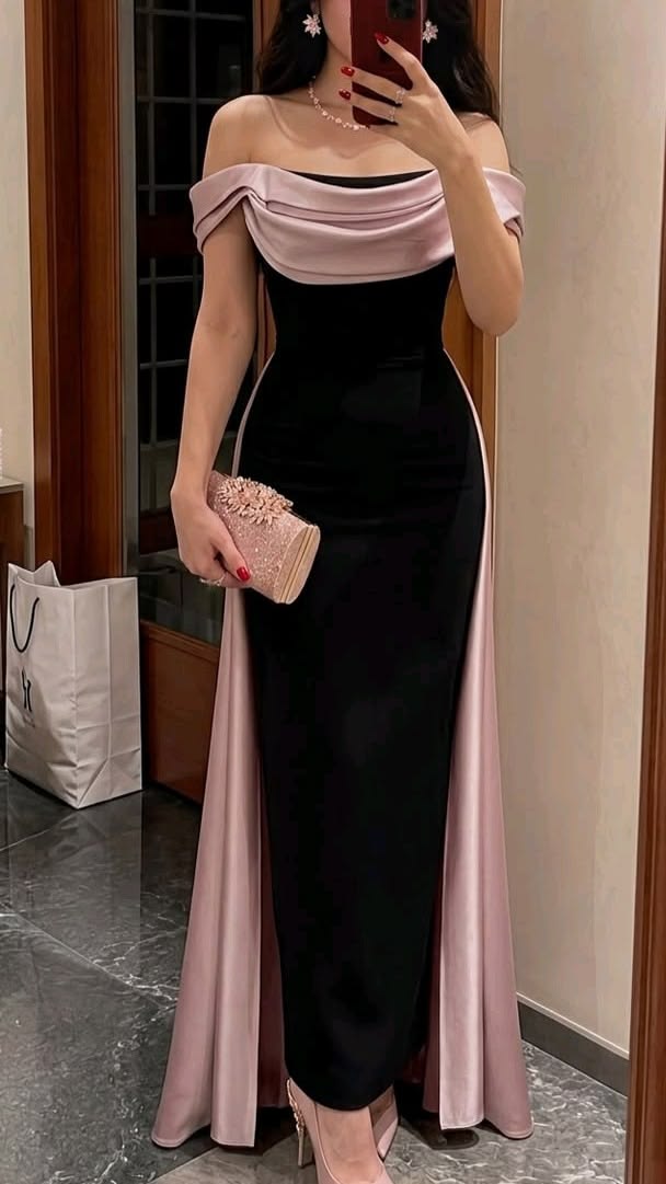 Elegant Black-pink A Line Off the Shoulder Satin Prom Dress Evening Dress DP6701