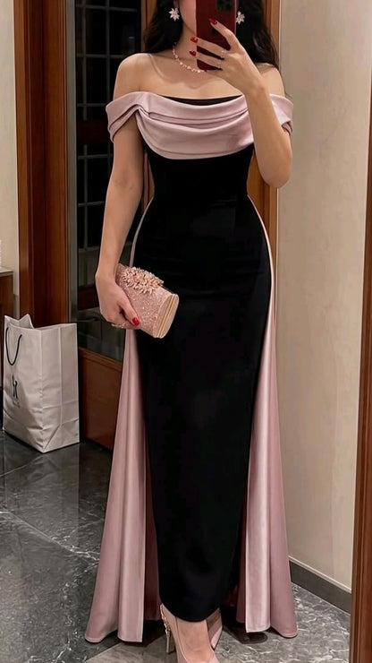 Elegant Black-pink A Line Off the Shoulder Satin Prom Dress Evening Dress DP6701