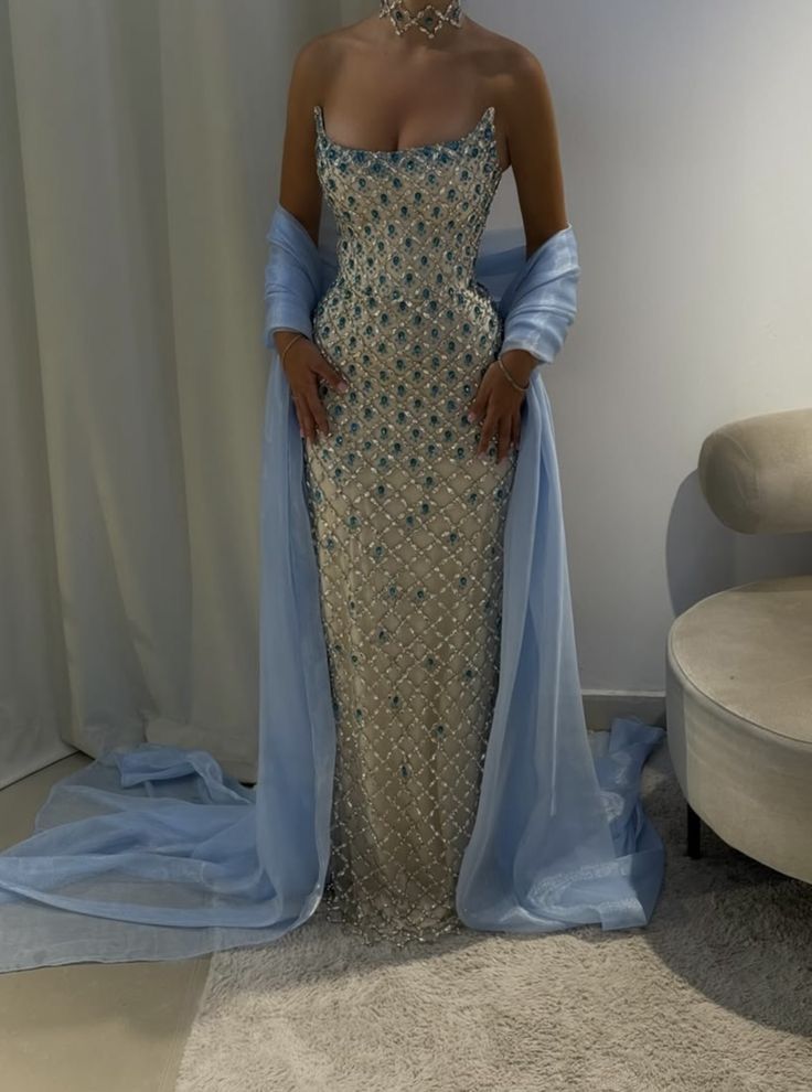 Pretty Blue Sheath Strapless Exquisite Rhinestone Tulle Long Prom Dress Evening Dress DP6686