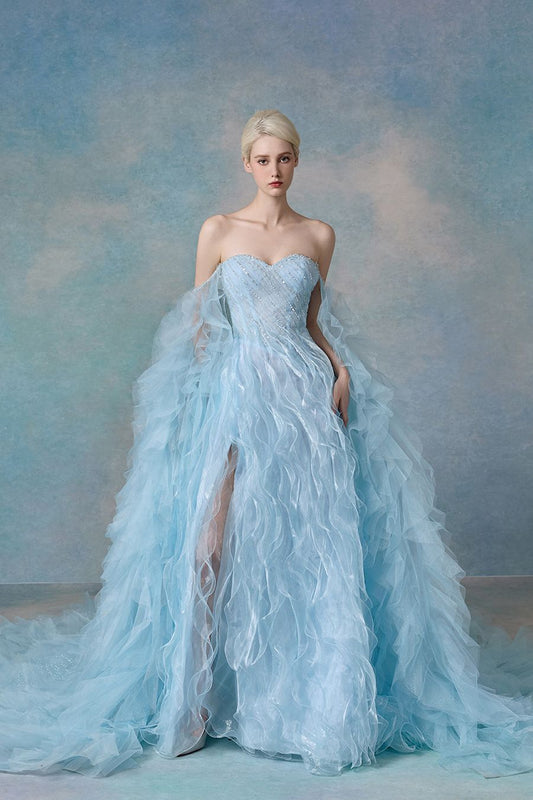 Dreamy Blue Ball Gown Off the Shoulder Beaded Flowy Organza Party Dress Prom Dress Formal Gown DP3728