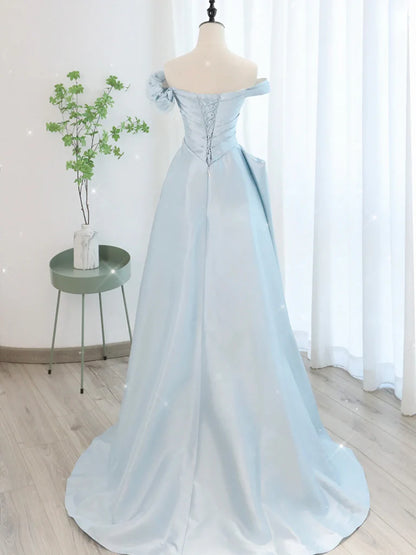 Elegant A Line Off the Shoulder Light Blue Satin Long Prom Dress Formal Dress DP1054
