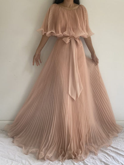 Elegant Burgundy A Line Round Neck Pleated Chiffon Formal Dress Evening Party Dresses DP3127
