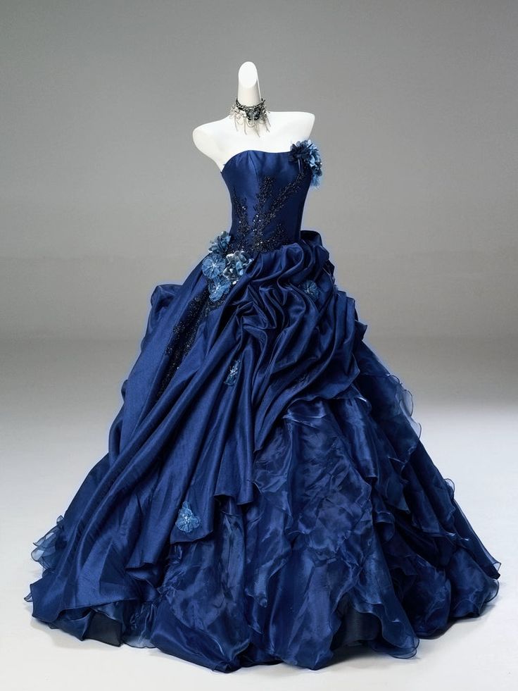 Dark Blue Ball Gown Strapless Beaded Pleated Satin Organza Prom Dress Quinceanera Dress DP5065
