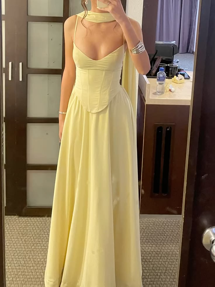 Cute Yellow A Line Spaghetti Strap Chiffon Prom Dress Graduation Prom Dress DP6644