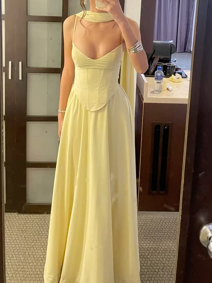 Cute Yellow A Line Spaghetti Strap Chiffon Prom Dress Graduation Prom Dress DP6644