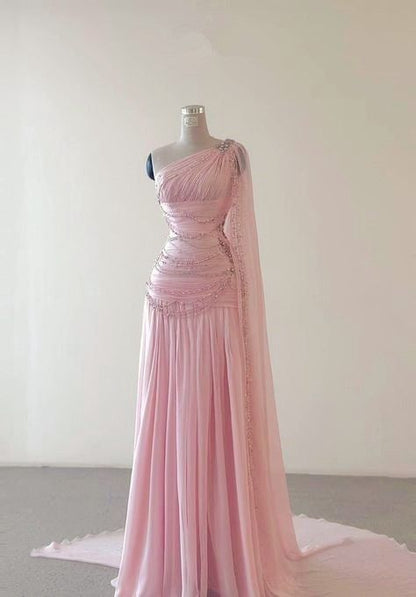 Vintage A Line One Shoulder Pink Chiffon Floor Length Prom Dresses Beads Evening Dress DP4168