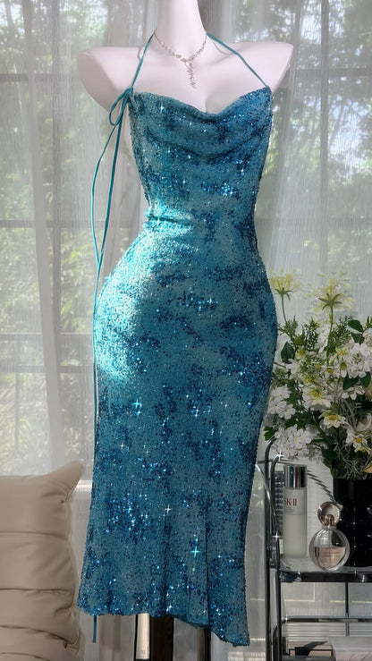 Blue Sheath Black Sheath Spaghetti Straps Beaded Sequin Chiffon Prom Dress Party Dress DP5815