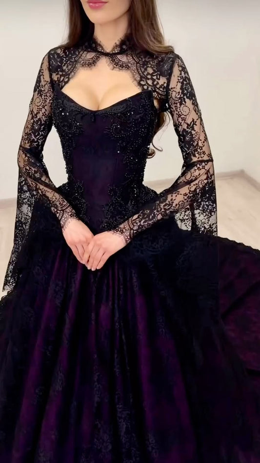 Glamorous A Line Long Sleeve Beaded Purple Satin Black Lace Prom Dress Evening Dress DP6698