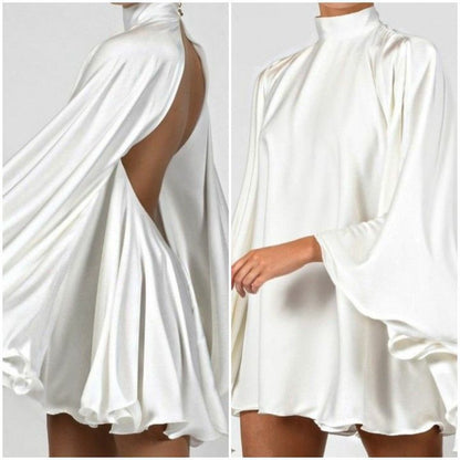 Grey Simple A Line High Neck Satin Open Back Short Homecoming Dress Outfits  DP3311