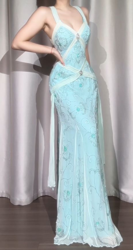 Vintage Mermaid Strap Beaded Blue Chiffon Ball Gowns Birthday Dresses DP4218