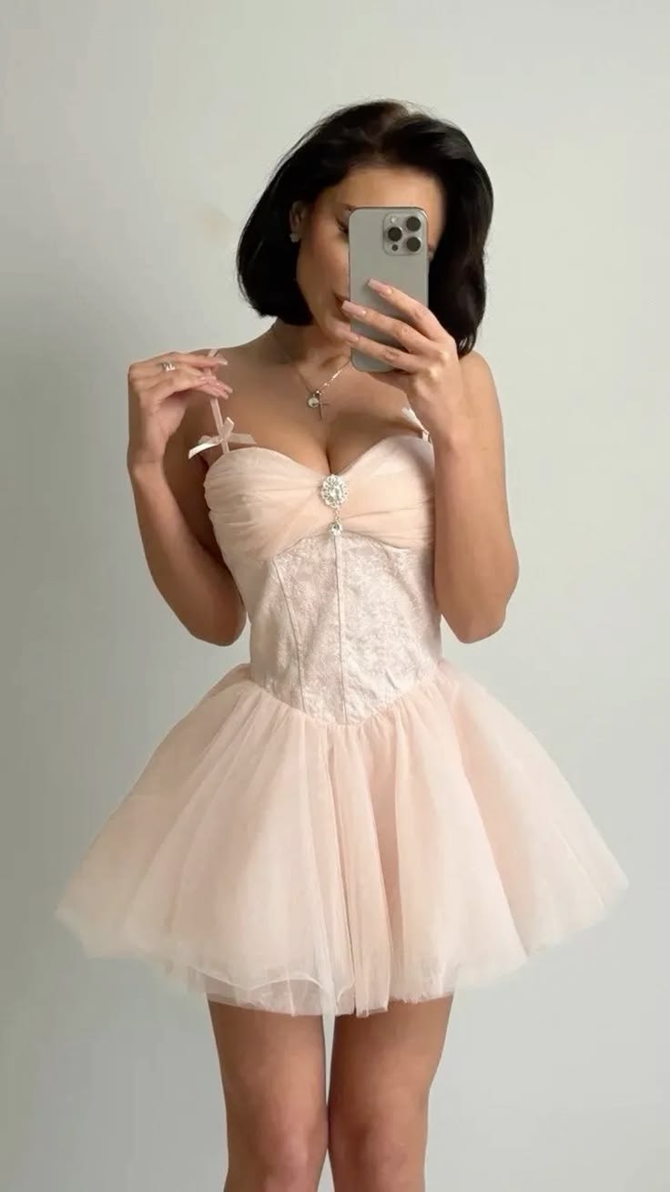 Light Pink A Line Spaghetti Straps Lace Tulle Short Prom Dress Homecoming Dress DP6106