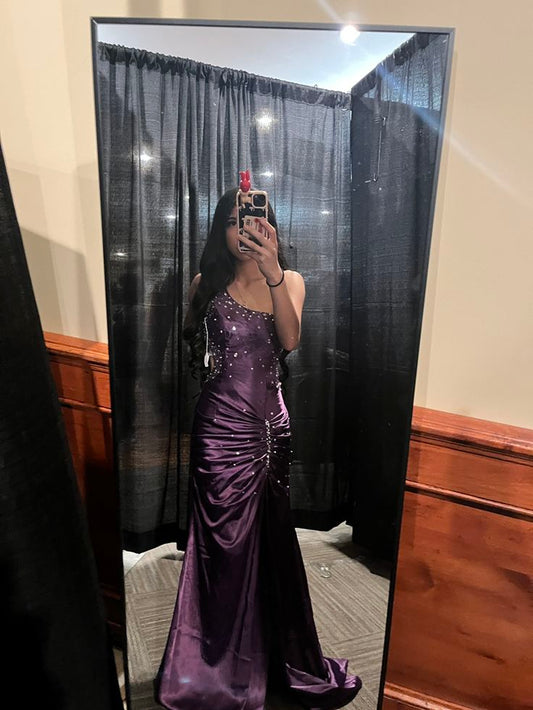 Vintage Purple A Line One Shoulder Pleated Beaded Satin Long Formal Prom Dress Evening Dress DP3073