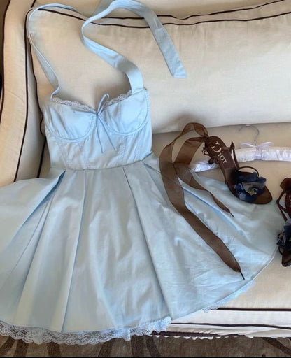 Sky Blue A Line Halter Lace Satin Short Homecoming Dress Evening Dress DP1288