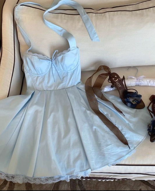 Sky Blue A Line Halter Lace Satin Short Homecoming Dress Evening Dress DP1288
