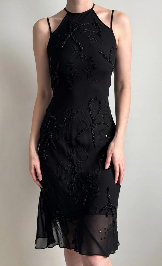 Vintage Sheath Halter Black Beaded Chiffon Short Homecoming Dress Cocktail Dress DP5496