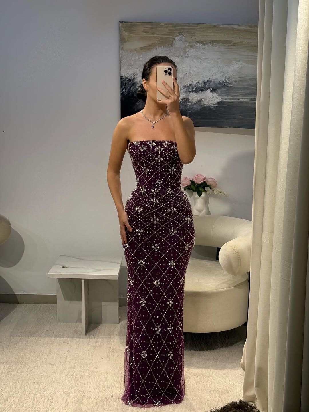Dark Grape Purple Sheath Strapless Exquisite Rhinestone Tulle Long Prom Dress Evening Dress DP6689