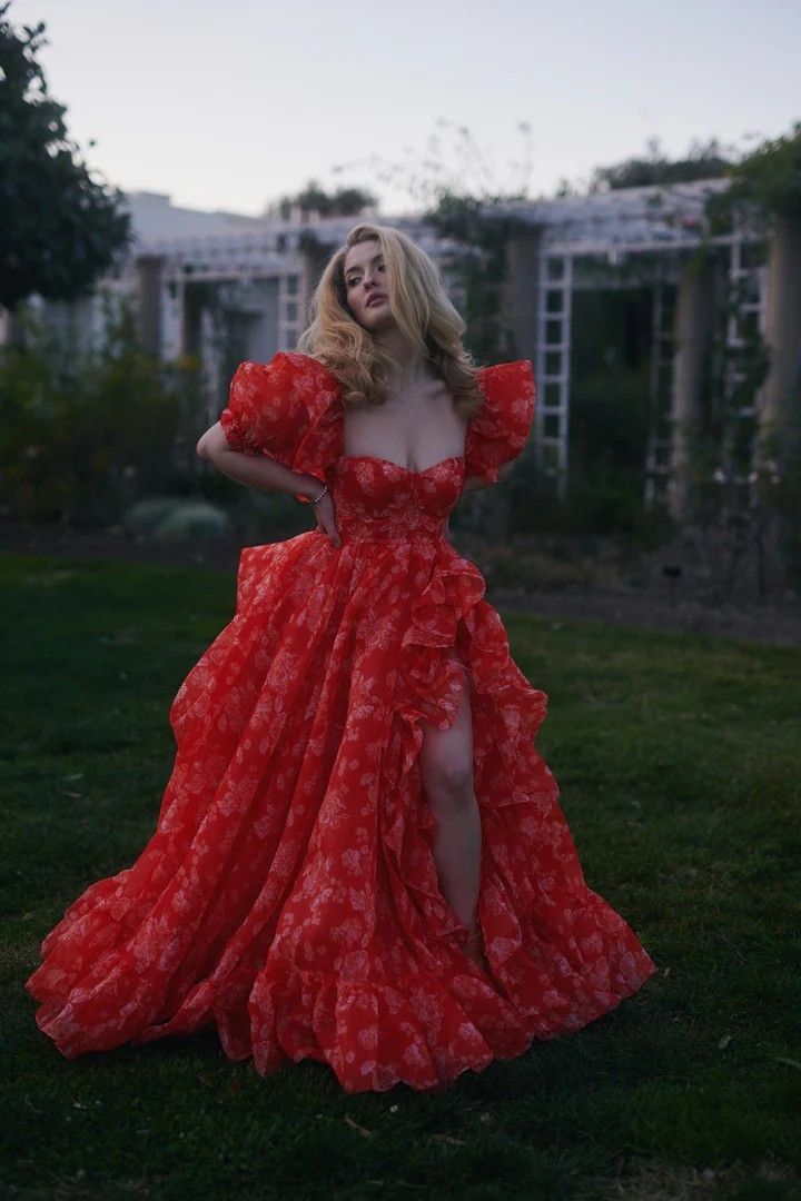Red Print Floral A Line Puff Sleeve Chiffon Prom Dress Date Dress with Slit DP7008