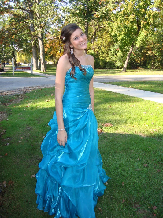 Blue Mermaid Strapless Beaded Pleated Organza Long Prom Dress Evening Dress Date Dress DP3114