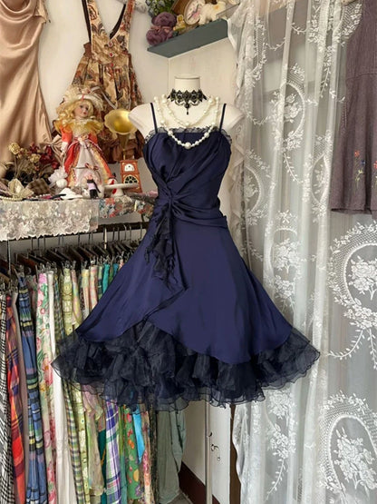 Cute Navy Blue Knee Length Straps Short Party Dress Navy Blue Homecoming Dress DP4007