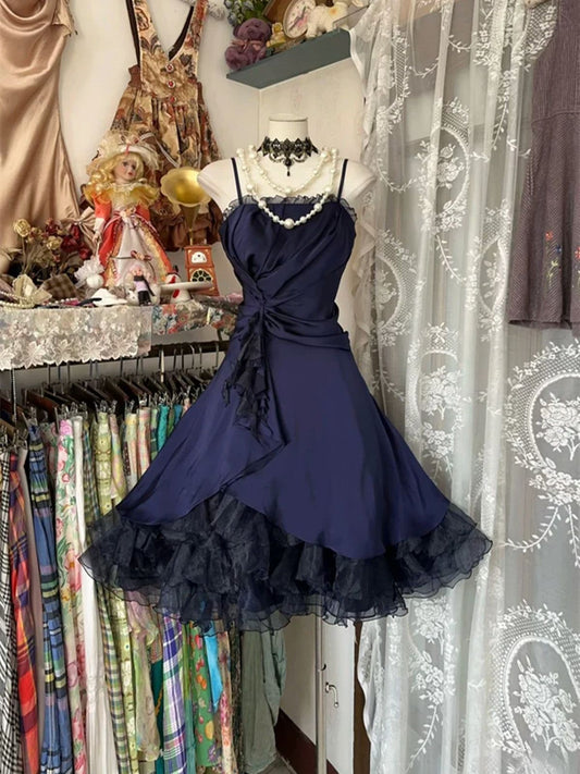Cute Navy Blue Knee Length Straps Short Party Dress Navy Blue Homecoming Dress DP4007