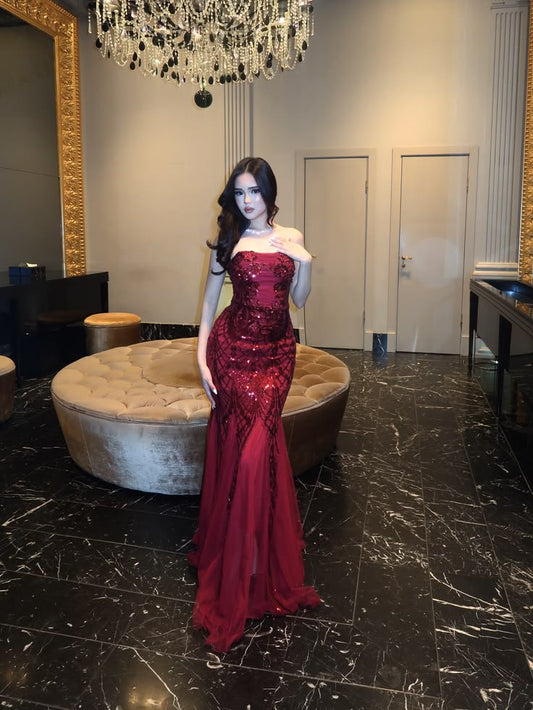 Burgundy Mermaid Strapless Shiny Sequin Tulle Tulle Prom Dress Evening Dress DP8036