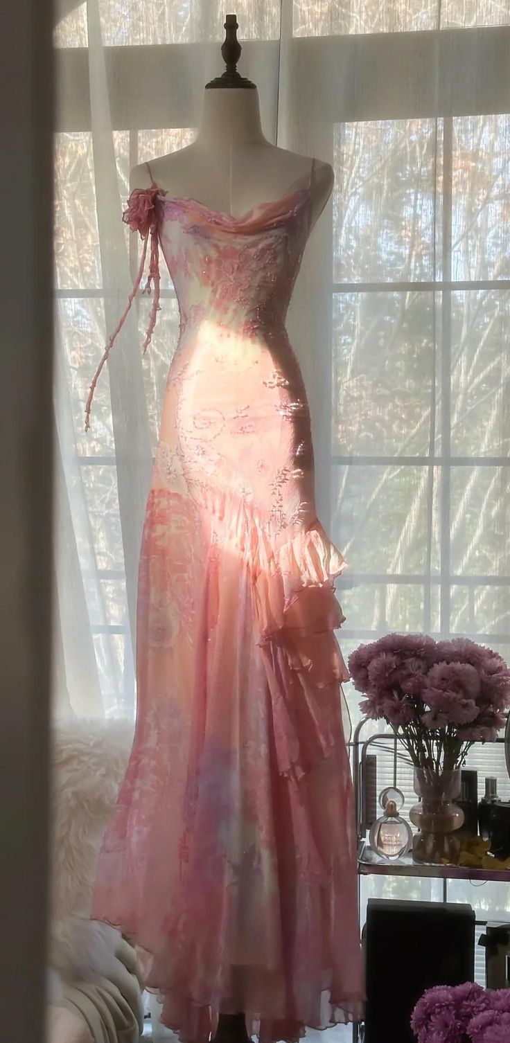 Fairytale Pink Mermaid Spaghetti Strap Beaded Ruffle Chiffon Prom Dress DP2259