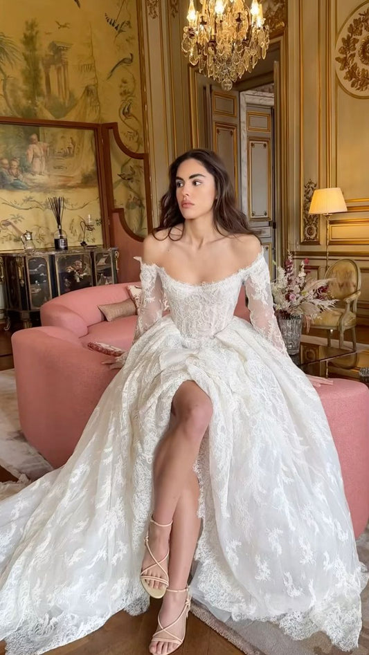 Classic A Line Long Sleeve White Lace Long Sweep Wedding Dress DP4104