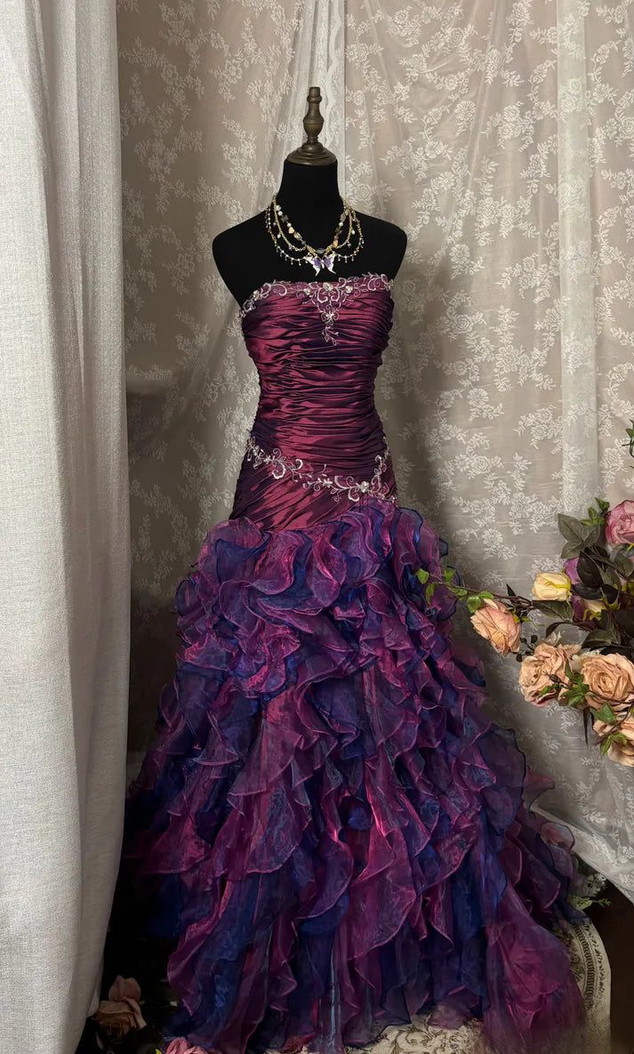 Vintage Ball Gown Strapless Beaded Ruffle Organza Satin Long Prom Dress Evening Dress DP4733