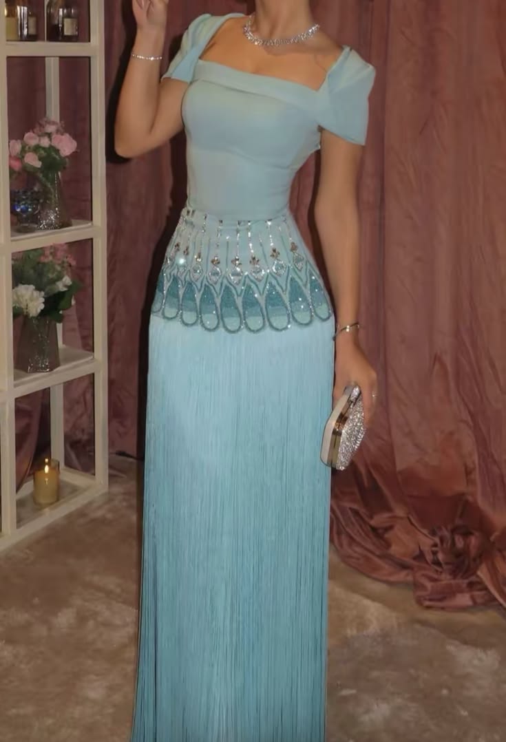 Elegant Lake Blue A Line Beaded Tassel Satin Prom Dress Evening Dress DP7181