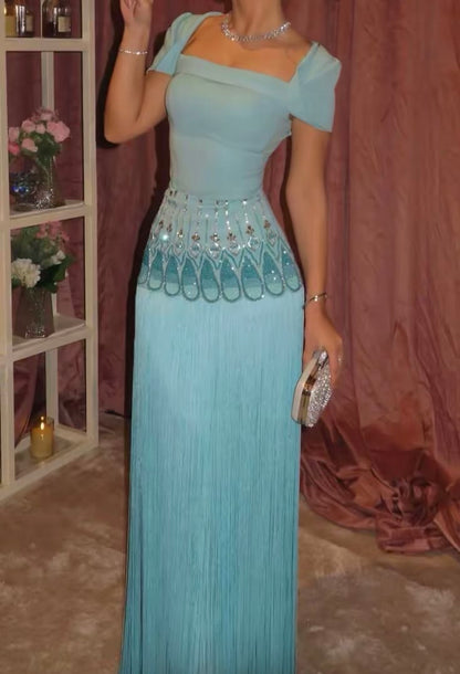 Elegant Lake Blue A Line Beaded Tassel Satin Prom Dress Evening Dress DP7181
