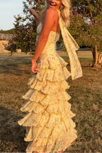 Yellow Sheath Strapless Layered Print Floral Chiffon Prom Dress Vacation Dress DP4040