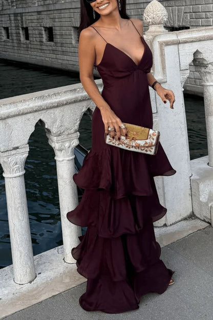 Unique A Line Spaghetti Strap Layered Satin Prom Dress Evening Dress DP5576
