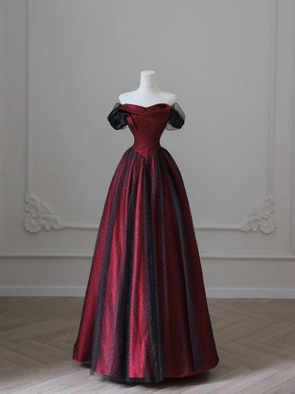 Elegant A Line Off the Shoulder Black Tulle Burgundy Satin Long Prom Dresses Evening Gowns DP4208